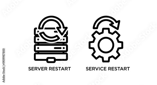 Server and service restart icons: server rack with refresh arrows and gear with circular arrow, indicating reboot process.