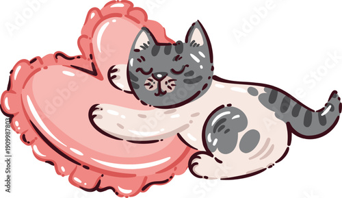 Sleeping cat resting on pink heart pillow. Lying pose, closed eyes, striped tail, soft fur and relaxed paws. Cute cat character, outline cartoon vector illustration.