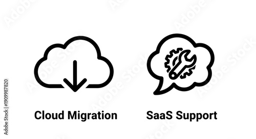 Cloud migration and SaaS support icons: cloud with download arrow for data transfer, and speech bubble with gear for technical assistance.