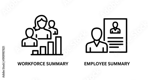 Icons illustrating workforce and employee summary statistics, showing group charts and individual resumes for business analytics.