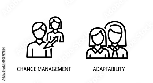 Icons symbolizing change management with shifting figures and adaptability with two figures side-by-side, representing organizational transitions.