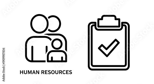 Icons representing Human Resources with a group of people and a checklist with a tick mark, indicating personnel management and compliance.