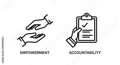 Icons representing empowerment with open hands offering support and accountability with a checklist and tick mark, signifying trust and responsibility.