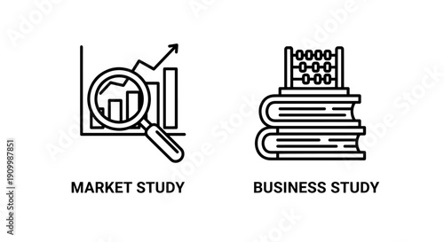 Line icons illustrating market study with a magnifying glass over charts and business study with an abacus on books, for research and analysis.