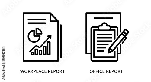 Business reporting icons: A document with a growing chart for workplace report and a clipboard with a pen for office report, symbolizing data analysis and administrative tasks.