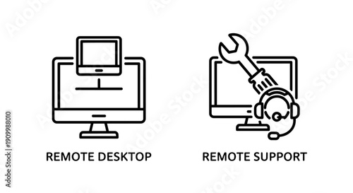 Remote desktop and support icons for virtual access, IT helpdesk, and technical assistance.