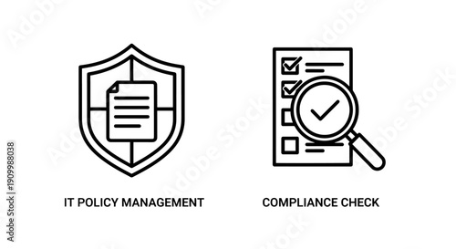 IT policy management and compliance check icons for regulatory adherence and auditing.