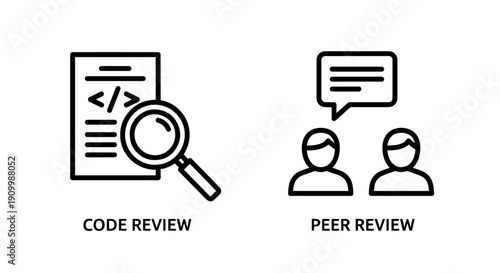 Code and peer review icons, representing software development quality assurance and collaborative evaluation with magnifying glass and chat symbols.