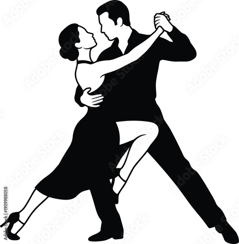 Passionate tango dance silhouette, romantic couple performing dramatic pose, elegant ballroom movement black and white vector illustration isolated