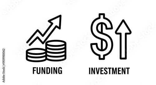 Funding and investment growth icons, symbolizing financial capital, economic progress, and increasing returns with stacked coins and dollar sign charts.