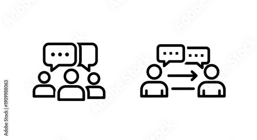 Group communication and direct exchange icons, representing discussions, dialogues, and the flow of information between people in a minimalist style.