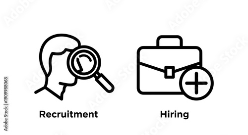 Recruitment and hiring icons, representing job searching, talent acquisition, and adding new employees with a briefcase and search symbols.