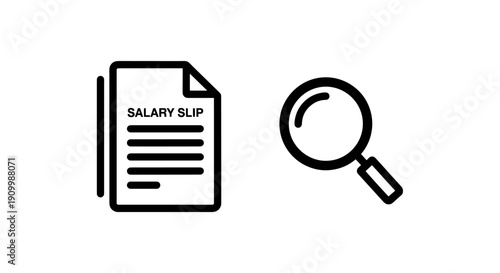 Salary slip and search icons, representing payroll documents and financial analysis with a magnifying glass for detailed inspection of income.