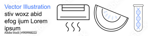 Science, food, daily life, DNA analysis, genetics, cooling systems. Minimalistic illustration an air conditioner, a test tube with DNA helix and a watermelon slice. Science and food concepts
