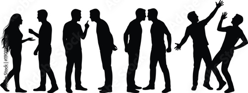 People conflict silhouette vector set, men and woman arguing shouting poses, relationship dispute illustration isolated