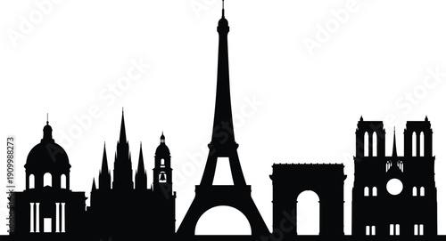 Paris landmarks silhouette skyline set featuring Eiffel Tower, Arc de Triomphe, Notre Dame, historic architecture travel tourism vector illustration