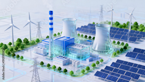 Modern Power Plant with Wind Turbines and Solar Panels