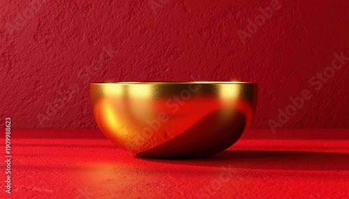 Golden Bowl: A radiant golden bowl rests on a smooth surface, its reflective surface creating a mesmerizing play of light and shadow, with a deep red background.