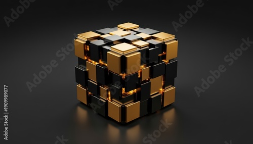 Golden Cube: An elegant 3D rendering of a meticulously constructed cube composed of precisely arranged golden and black blocks.