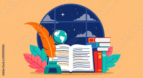 World Poetry Day Explore the World of Literature and Knowledge An Enchanting Illustration of Books, Quill, Globe, and Starlit Window for Reading and Imagination
