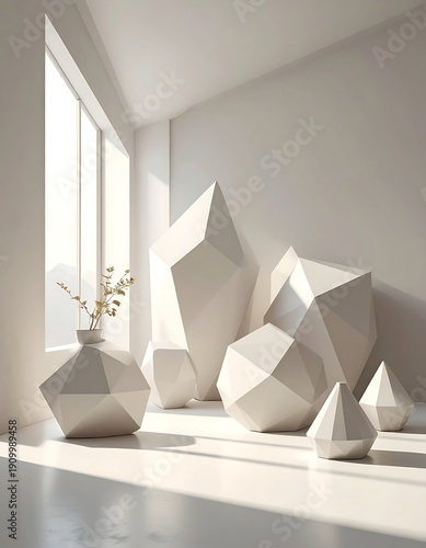 Isolated flat polygon shapes with subtle shadows, balanced arrangement on matte background