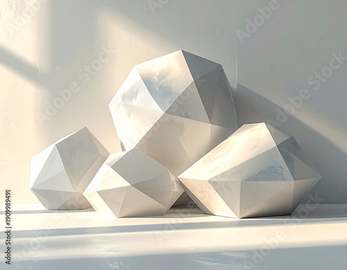 Isolated flat polygon shapes with subtle shadows, balanced arrangement on matte background