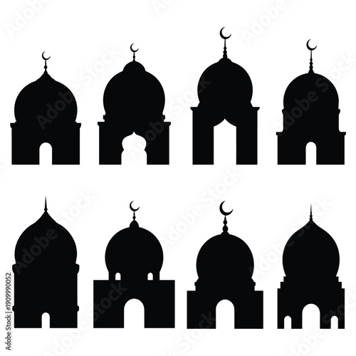 Black silhouettes of islamic domes and crescent moons decorative set