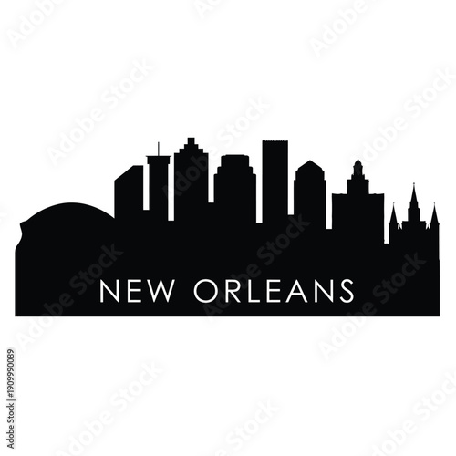 Silhouetted skyline of new orleans with text below the cityscape