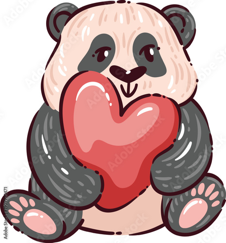 Cute panda holding red heart in paws. Round body, black ears and eye patches, soft fur texture and sitting pose with gentle expression. Sweet animal character, outline cartoon vector illustration.