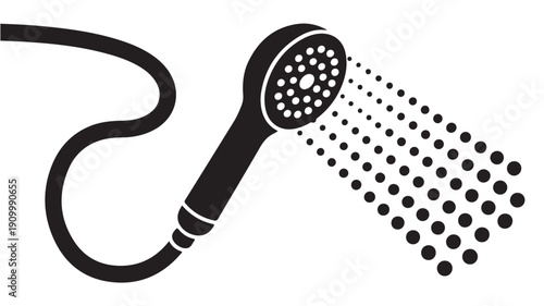 A simple black and white illustration of a shower head spraying water, representing hygiene and cleanliness