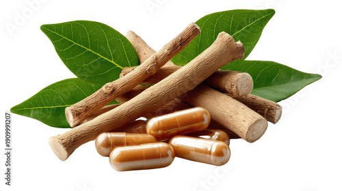 Ashwagandha: A collection of ashwagandha roots, leaves, and capsules, an ancient herb celebrated for its wellness benefits.