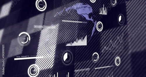 Animation starting, HUD globe rotating with sweeping masks and filling charts, showing global data