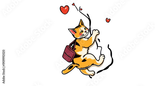 Playful Ginger Cat with a Satchel Climbing a Branch with Floating Red Hearts
