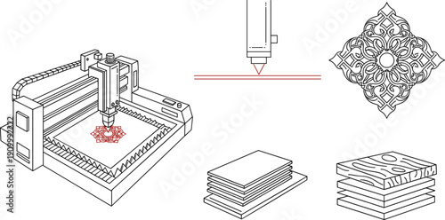 CNC Laser Cutter Machine Isometric Line Art Illustration Cutting Wood Pattern Set