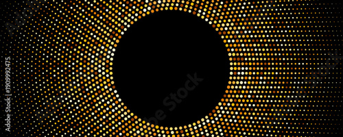 Golden radial halftone gradient frame. Round pop art glitter border backdrop. Gold dotted pattern background. Yellow confetti wallpaper for banner, poster, flyer, party decor, presentation. Vector