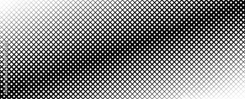 Black thin to thick net pattern gradient. Vanishing slanted grid texture background. Diagonal mesh backdrop for overlay, print, cover, banner, poster. Fading overlapping lattice wallpaper. Vector