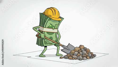 Dollar bill character digging with shovel and wearing hardhat.