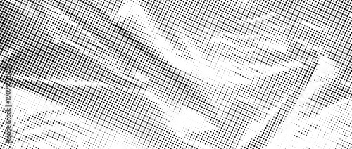 Halftone wrinkled cellophane effect overlay. Dotted crumpled plastic texture. Duotone comic gritty paper wallpaper. Bitmap rough creased film background. Vector creasy surface in cartoon pop art style
