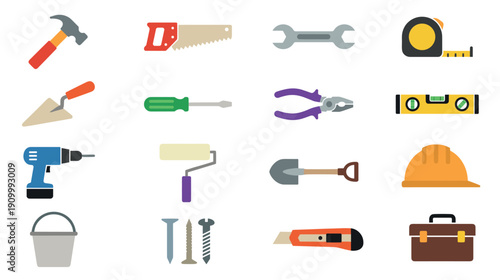 Set of colorful construction tool icons including a hammer, saw, drill, and hard hat for DIY and repair projects, presented in a simple flat design vector style