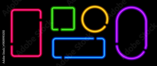 Shining neon geometric frames. Glowing circle, square and rectangle led lamp border collection. Shiny illuminated fluorescent round and rectangular signs for banner, text box, poster template. Vector
