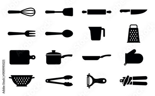 Black silhouette kitchen and cooking tool icons featuring a collection of essential utensils like a whisk, spatula, rolling pin, grater, and cookware in a minimalist glyph style