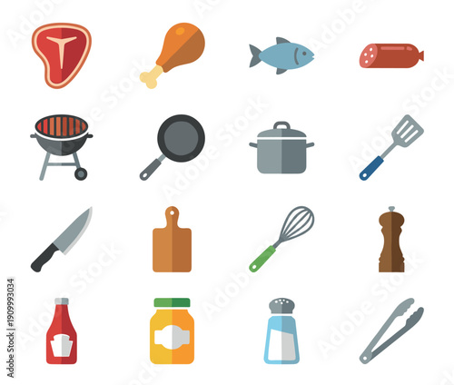 Set of sixteen colorful food and barbecue icons featuring a steak, chicken, sausage, grill, cooking utensils, and various seasonings in a simple flat vector style