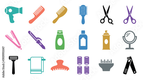 Large collection of colorful hair care and personal grooming icons showing tools like a hairdryer, scissors, razor, and products in a simple vector illustration
