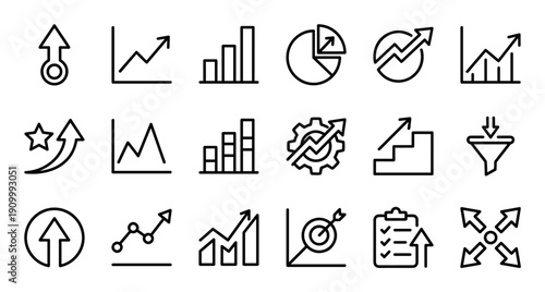 Set of black thin line icons representing business growth, data analysis, progress charts, and financial graphs in a simple minimalist outline style for infographics and reports