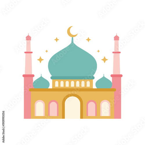 Mosque with Minarets and Crescent Moon.