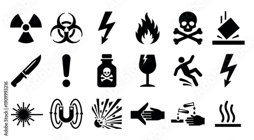 Collection of black hazard warning symbols representing various dangers like radioactive, biohazard, toxic, flammable, corrosive, and electrical shock in a flat vector icon set