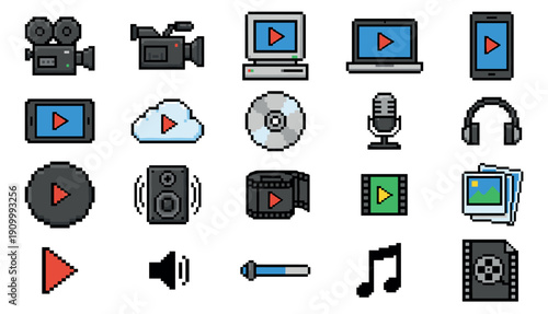 Collection of pixel art media icons featuring a camera, computer, microphone, and play button, designed in a retro 8-bit video game style for digital user interfaces