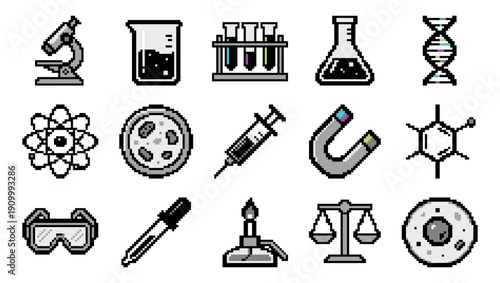 Set of science laboratory pixel art icons including a microscope, beaker, dna helix, atom, and petri dish in a retro 8-bit video game style