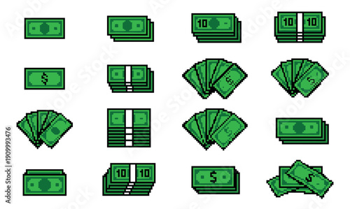 Set of 8-bit pixelated green money banknotes shown as single bills, stacks of cash, and fanned out currency for a retro gaming or financial application interface