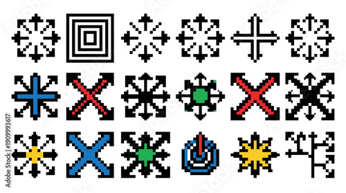 Collection of colorful pixel art icons in a retro 8-bit video game style, featuring various symbols like cursors, arrows, crosses, and abstract geometric shapes